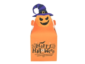 Detail of Halloween pumpkin candy box with wizard hat and Happy Halloween text