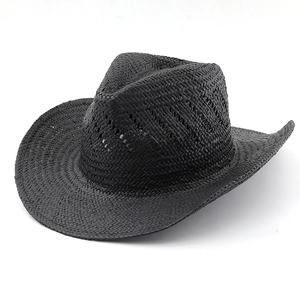 Detail of hand-woven black cowboy hat with teardrop crown and breathable straw texture