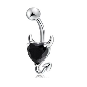 316L stainless steel navel ring with black heart devil design and arrow tail on white base