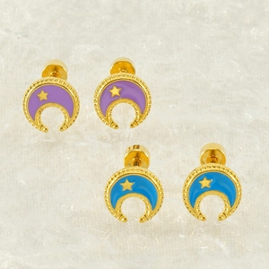 Fashionable moon and star stud earrings with purple and blue enamel and gold finish