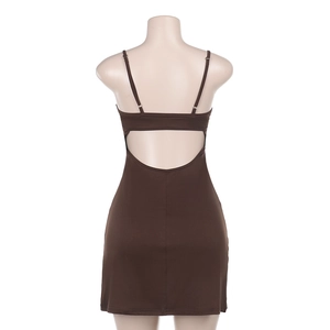 Back view of brown bodycon mini dress featuring open back design and thin straps
