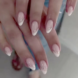 Press On Nails Almond Shape French White Gold Lines Nude Minimalist Long Pointed Artificial False Nails For Women