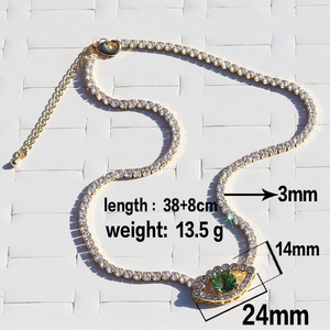 Detailed specs of green zircon evil eye tennis necklace with 13.5g weight and 38cm length