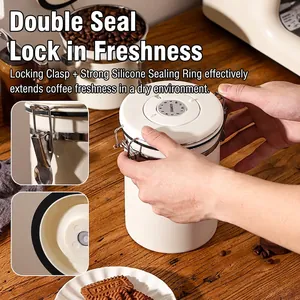White stainless steel coffee canister with airtight seal and date tracking dial