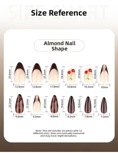 Size guide for almond-shaped press-on nails with mixed cherry and amber designs