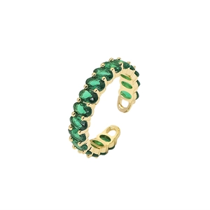 Detailed view of the gold open ring featuring oval green cubic zirconia stones