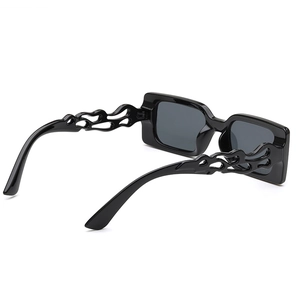 Retro square sunglasses with unique flame cutout hollow temples in black resin finish