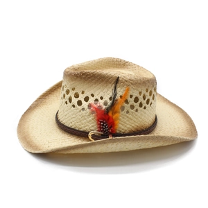 Western straw cowboy hat with ventilated crown, leather band, and colorful feathers