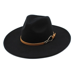 Classic black wide brim fedora hat with brown leather band and gold buckle for men and women