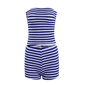 Detail of blue and white striped knit tube top and high-waisted shorts two-piece set