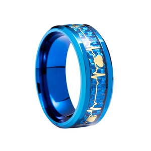 Detail of blue carbon fiber inlay with gold heartbeat line on titanium steel ring