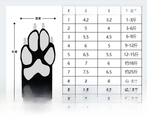 Size chart for waterproof dog shoes with detailed paw length and width measurements in cm