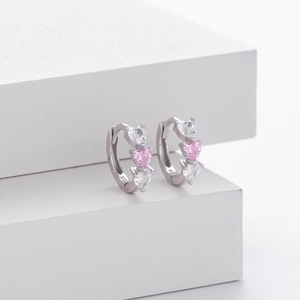 Elegant 925 sterling silver hoop earrings with heart-shaped pink and white zircons