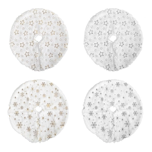 White plush Christmas tree skirts with gold and silver snowflake and star sequin patterns