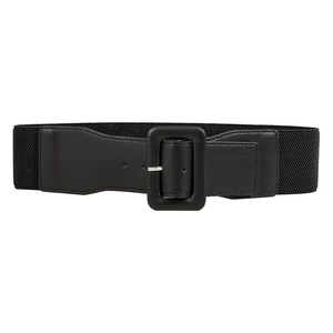 Elastic high-waist belt for women in black with faux leather and rectangular buckle