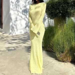 Robe Maxi Maille Texturée Dos Nu Noeud Col Rond Manches Longues Évasées Ajustée Sirène Longueur Sol Élégante Soirée Fête