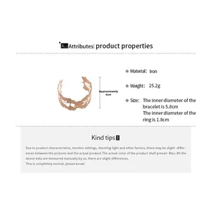Detailed gold leaf cuff bracelet specification showing dimensions and iron material texture