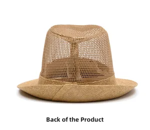 Vue arrière d'un chapeau de soleil en paille avec maille aérée et bord roulé pour l'été