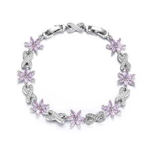 Elegante bracciale in argento 925 con fiori, zirconi viola e maglie a infinito