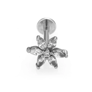 Detailed view of 316L stainless steel labret stud with a brilliant zircon flower top