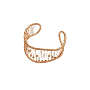 Metallic woven hollow mesh open bangle with rose gold wire wrap and small bead accents