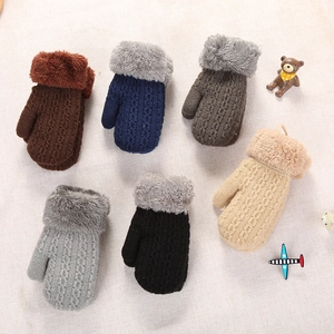 Set of six colorful double-layer knit mittens for toddlers with warm plush cuffs