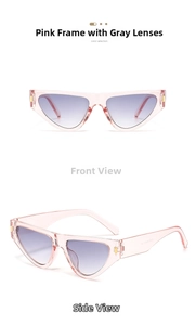 Pink transparent cat-eye sunglasses with gradient grey lenses shown in front and side views
