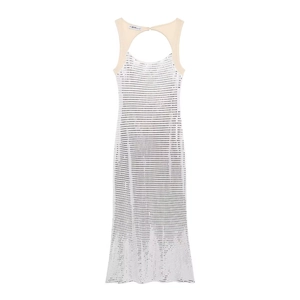 Abito lungo bianco con paillettes e design senza maniche con cut-out e cuciture beige