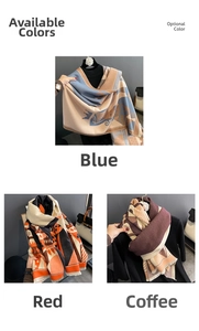 Detailed view of cashmere-feel scarf with retro crown and carriage patterns and fringe