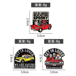 Detail view of Halloween enamel pins with specific size 3x2.9cm and weight metrics