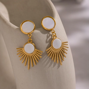 French vintage gold titanium sun earrings with natural white shell dangles for women