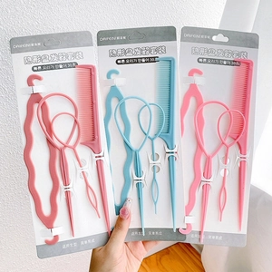 4-piece hair styling tool set with tail comb and looping needles in colorful packaging