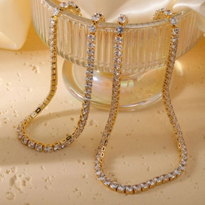 Elegant Gold Plated Copper Tennis Necklace Round Cut White Zirconia Sparkling Simple Clavicle Chain Necklace For Women Party Jewelry