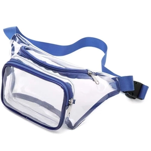 Waterproof clear PVC waist bag with blue straps and multiple zippers for outdoor sports