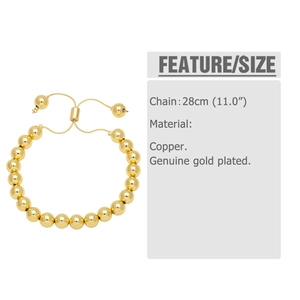 Adjustable 18K gold plated copper bead bracelet with slider clasp and 28cm length