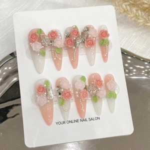 Unghie Finte Press On 3D Resina Rosa Floreale Stiletto Forma Künstliche Perle Strass Sfumato Rosa Elegante Fatto A Mano Dolce