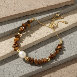 Irregular tiger's eye stone bracelet with freshwater pearl and adjustable gold chain