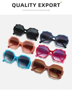 Detailed grid display of colorful oversized geometric square sunglasses in six trendy colors