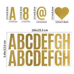 Self-adhesive gold letter and number stickers with size measurements on white background