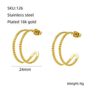 Detail showing 24mm diameter and 4g weight of 18k gold plated stainless steel C earrings
