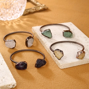 Vintage bronze open cuff bracelets with irregular natural crystals and rope textures