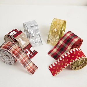 Christmas ribbons set featuring plaid, reindeer, and snowflake patterns for gift wrapping