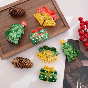 Festive Christmas Tree Bell Gift Box Acetate Hair Claw Clips With Artificial Pearl Marbling Pattern For Women Party Hair Accessories