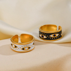 Bague En Acier Inoxydable Evil Eye Pour Femmes Plaqué Or Émail Bague Ouverte Réglable Bijoux Style Rétro Bohème