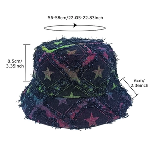 Denim star pattern bucket hat with frayed edges and size specs 56-58cm for women