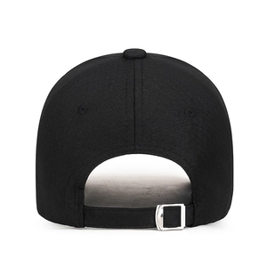 Rear view of a black cotton baseball cap showing adjustable silver metal buckle and strap