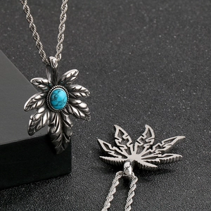 Pendentif punk vintage en acier inoxydable en forme de feuille d'érable avec turquoise pour homme