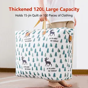 Thick non-woven 120L storage bag with reinforced handles and Nordic reindeer pattern