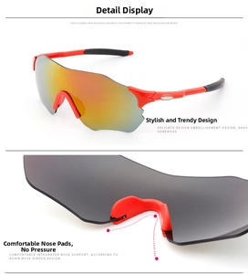 Detail view of red cycling sunglasses with colorful coated lenses and soft nose pads