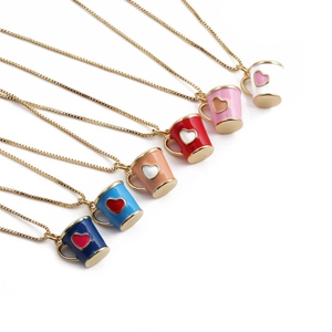 Enamel Coffee Cup Pendant Necklace Copper Gold Plated Heart Mug Shape Box Chain For Women Men Jewelry Gift